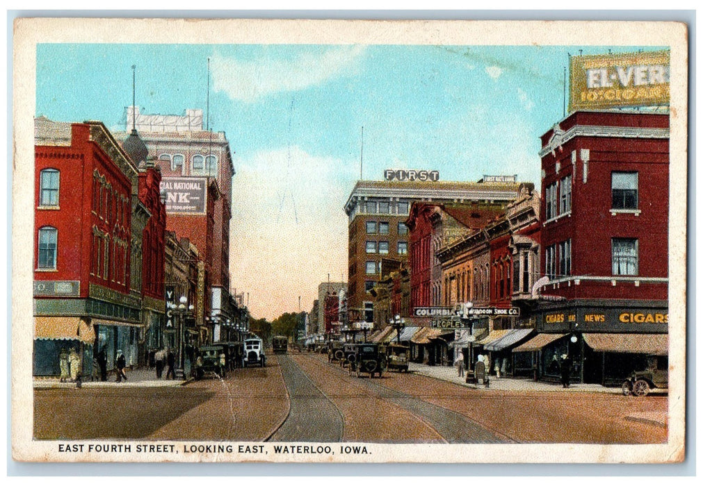 c1920 East Fourth Street Railroad Establishment Classic Car Waterloo IA Postcard