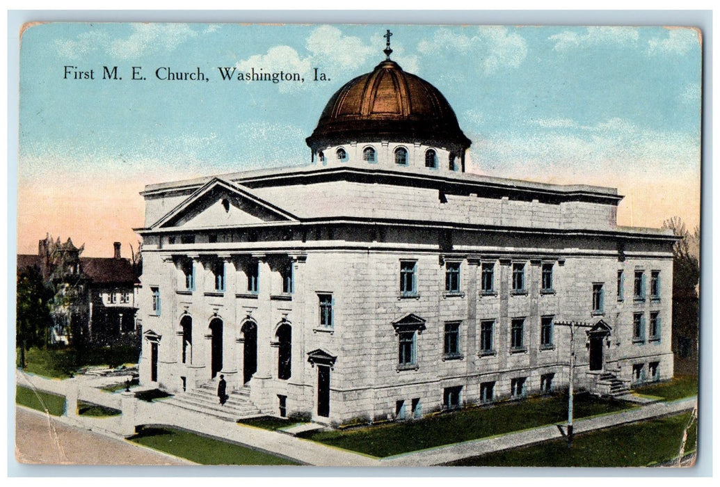 1920 First Methodist Episcopal Church Cross Tower Washington Iowa IA Postcard