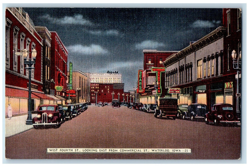 c1950's West Fourth Street Classic Cars Establishments Waterloo Iowa IA Postcard