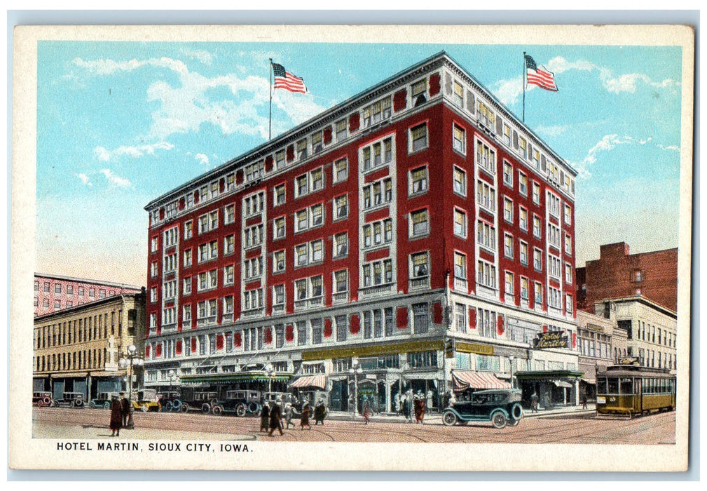 c1920's Hotel Martin Restaurant Classic Cars Trolley Sioux City Iowa IA Postcard