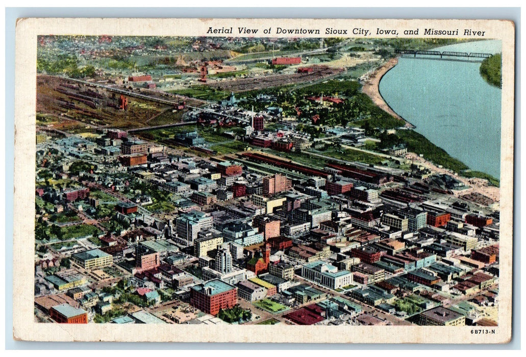 1948 Aerial View Downtown Sioux City Missouri River Train Station IA Postcard