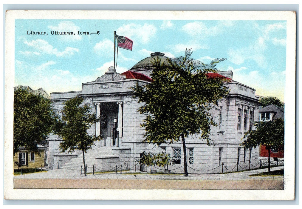 c1950's Library Building Front View Stairs Doorway Flag Ottumwa Iowa IA Postcard
