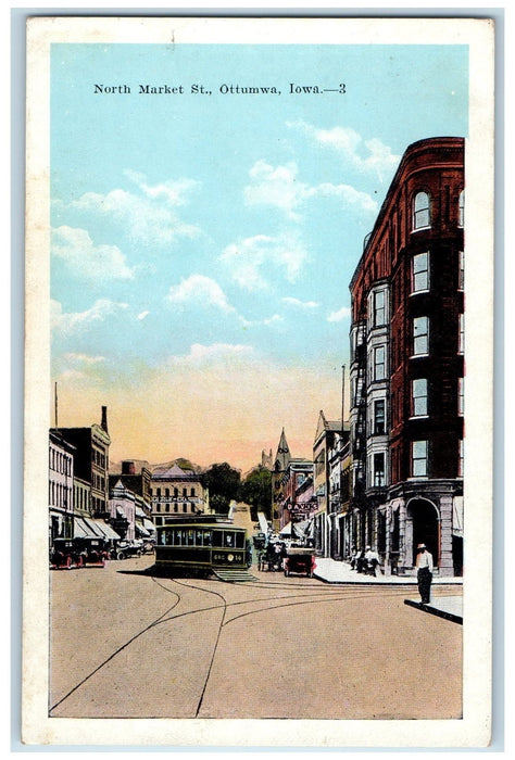 c1920's North Market Street Classic Cars Trolley Tracks Ottumwa Iowa IA Postcard