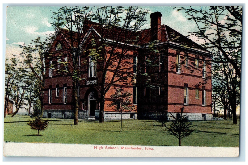 c1950's High School Building Campus Ground Trees Manchester Iowa IA Postcard