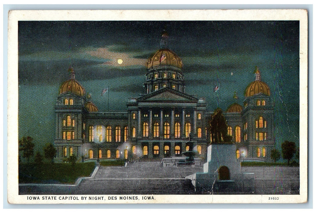 c1950's Iowa State Capitol By Night Statue Moonlight Des Moines Iowa IA Postcard