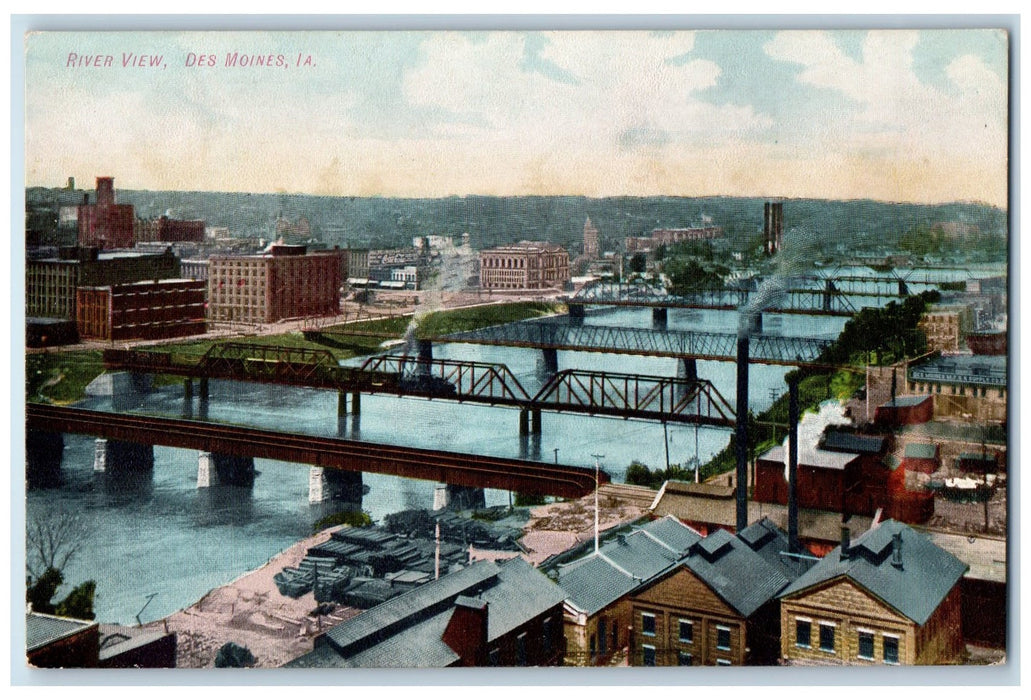 c1950's River View Smokestacks Bridge Train Building Des Moines Iowa IA Postcard