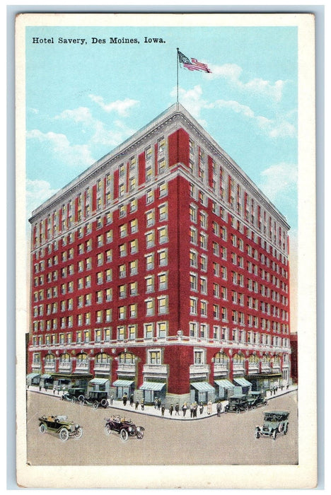 c1920 Hotel Savery Building Classic Cars Restaurant Des Moines Iowa IA Postcard