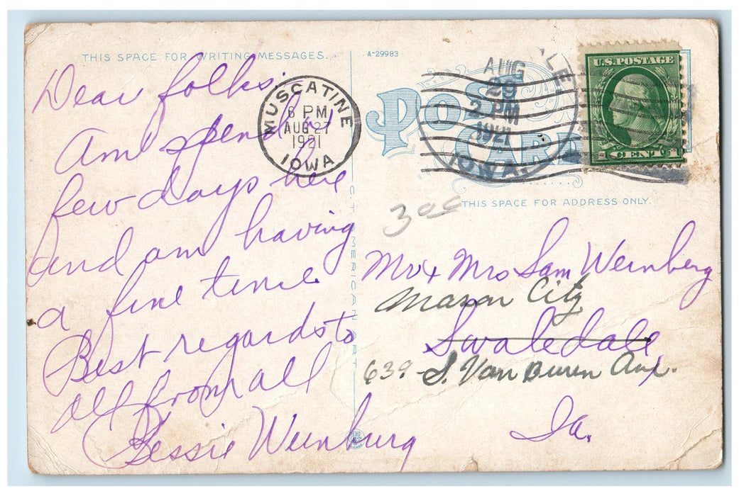 1921 Second Street East From Iowa Ave. Horse Carriage Muscatine Iowa IA Postcard
