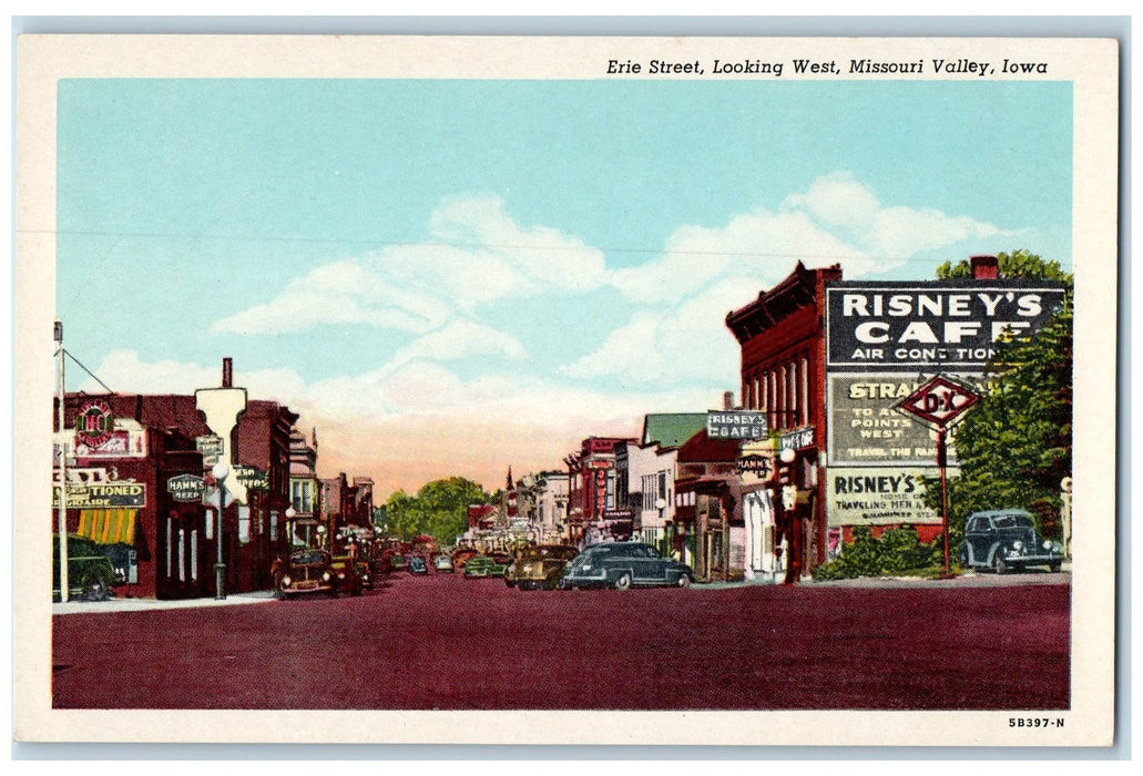 c1950 Erie Street Looking West Classic Cars Missouri Valley Iowa IA Postcard