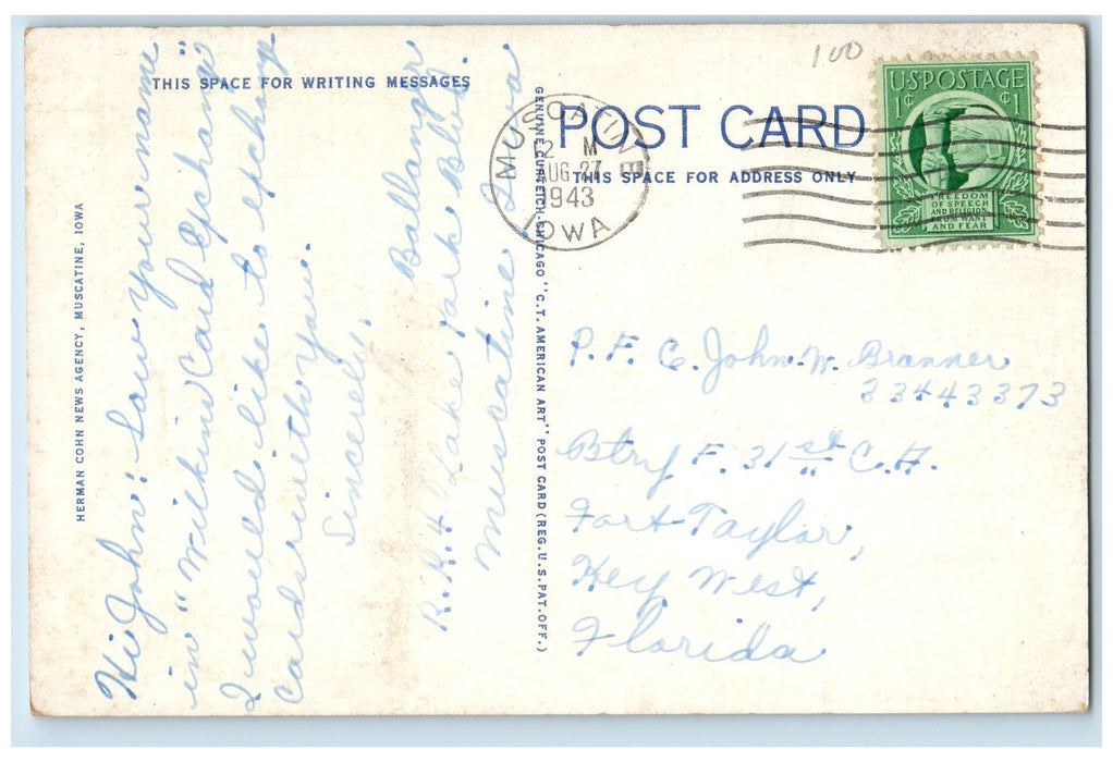 1943 Weed Park View Ground Lake Trees Flowers Pathway Muscatine Iowa IA Postcard
