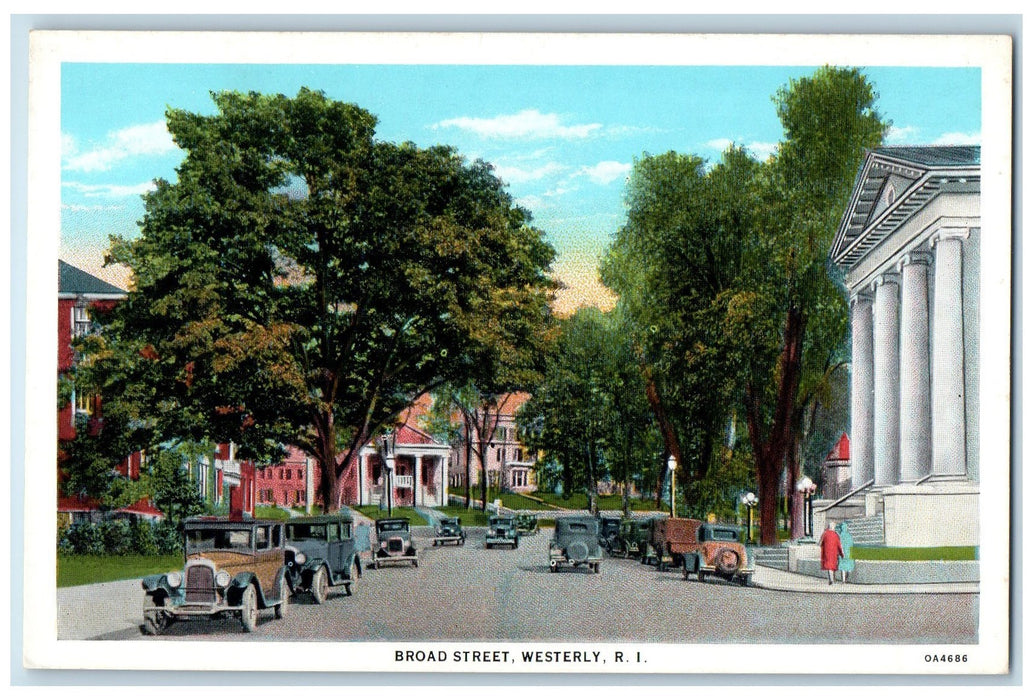 c1920's Broad Street Classic Cars Buildings Westerly Rhode Island RI Postcard