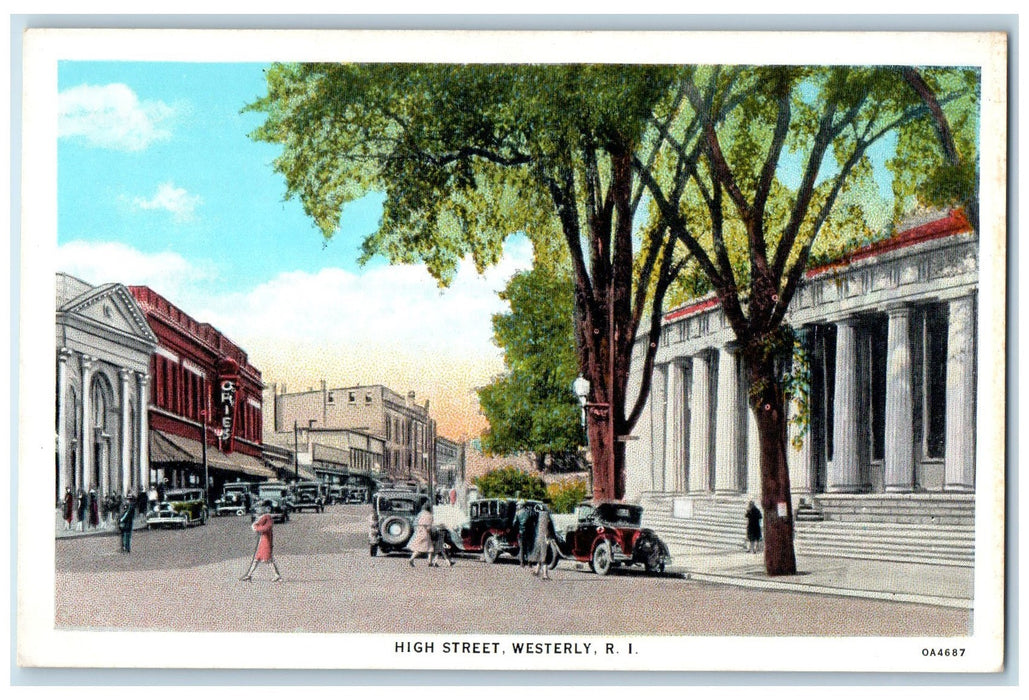 c1920 High Street Classic Car Buildings People Westerly Rhode Island RI Postcard