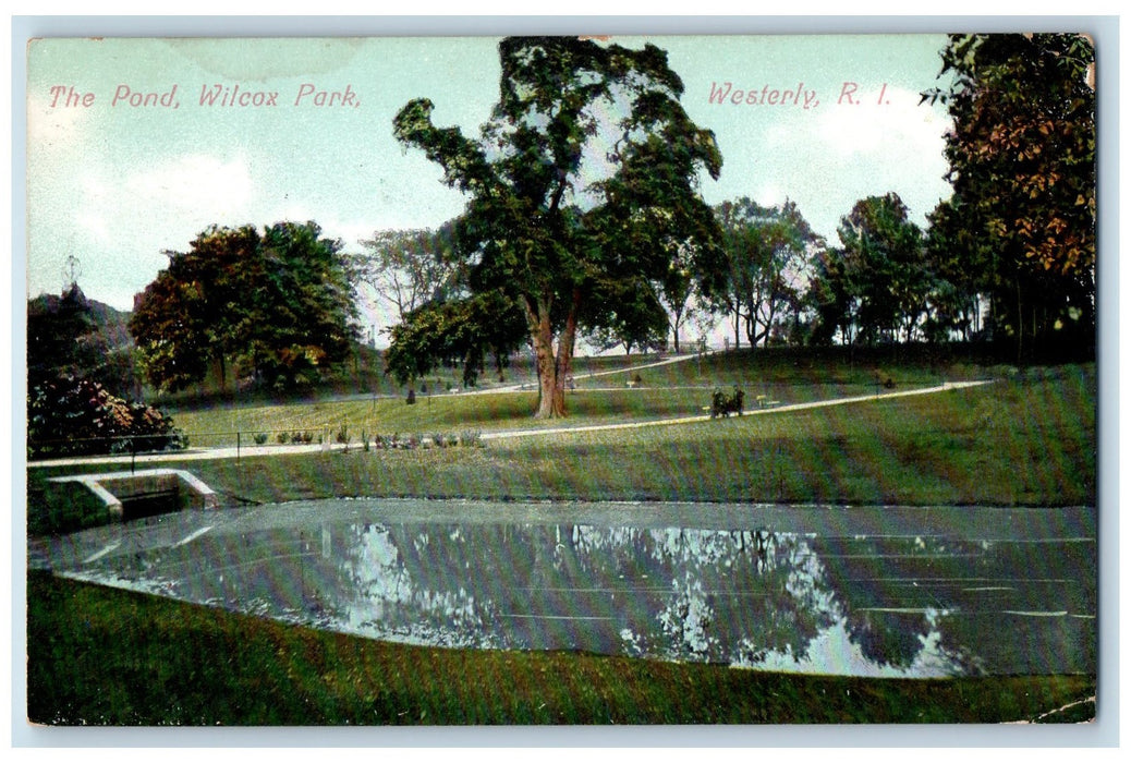 1909 The Pond Wilcox Park Pathways Ground Tree Westerly Rhode Island RI Postcard