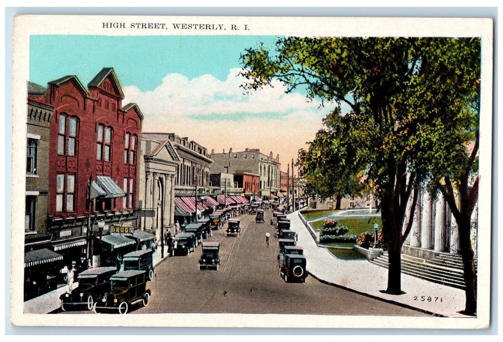 c1920 High Street Classic Cars Parked Building Westerly Rhode Island RI Postcard