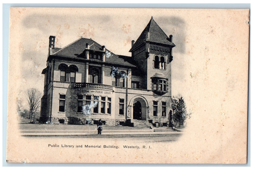 c1905 Public Library Memorial Building Entrance View People Westerly RI Postcard