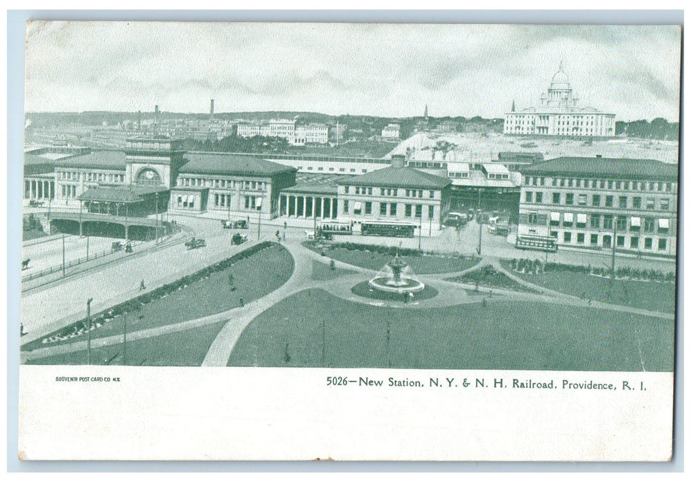 c1905 New Station NY & NH Railroad Aerial View Fountain Providence RI Postcard