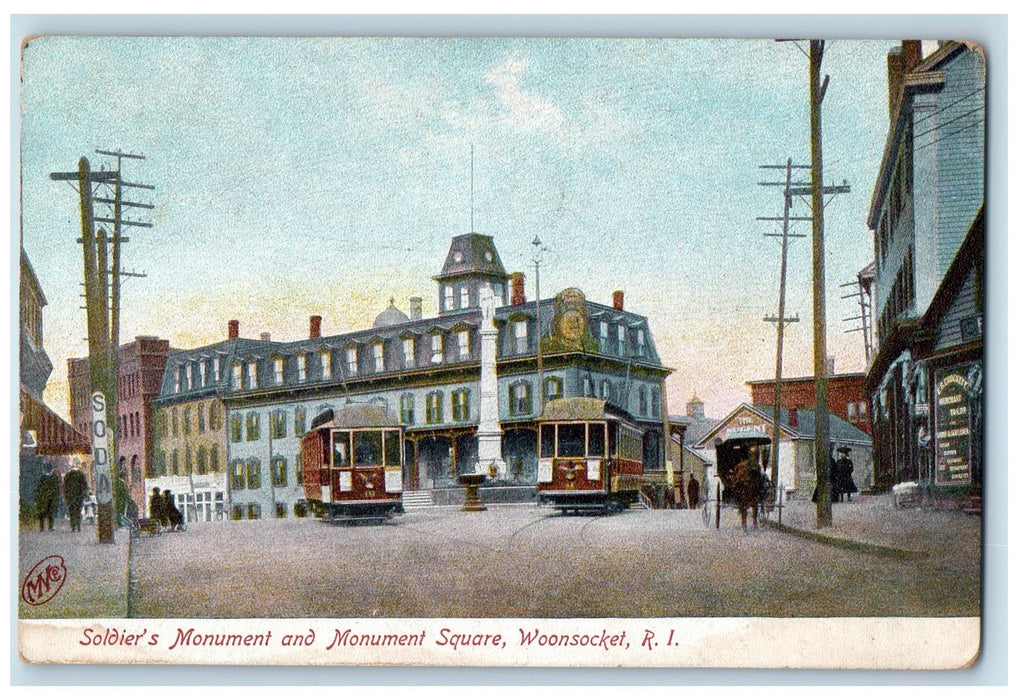 1909 Soldier's Monument And Monument Square Woonsocket RI Posted Busses Postcard