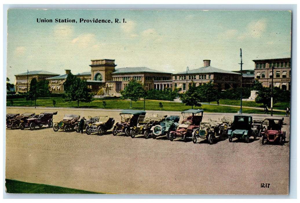 c1910's Union Station Scene Providence Rhode Island RI Vintage Cars Postcard