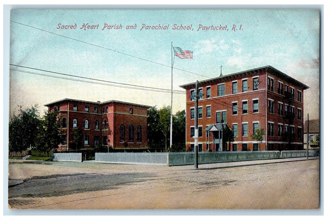c1910's Sacred Heart Parish And Parochial School Exterior Pawtucket RI Postcard