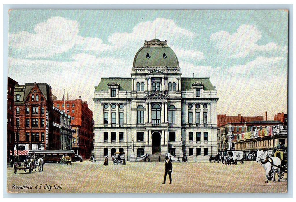 c1950's City Hall Building Wagon Horse Carriage Railway Providence RI Postcard
