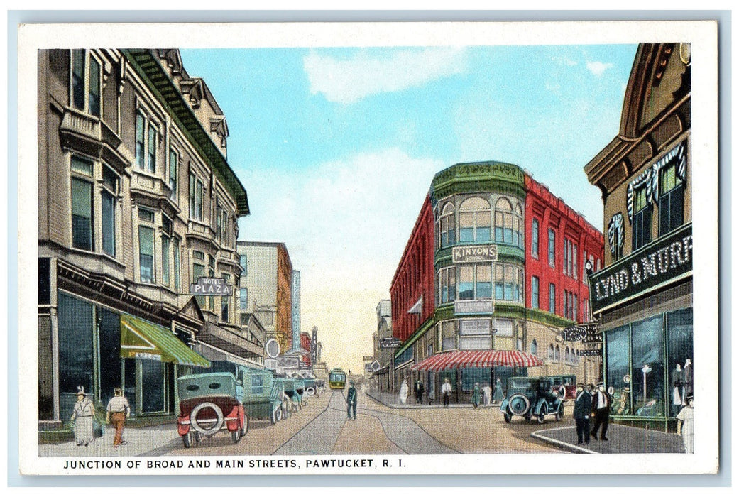 c1920 Junction Of Broad Main Streets Classic Cars Railway Pawtucket RI Postcard
