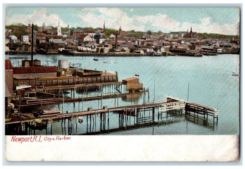 c1905 City Harbor Boat Docking Bridges Building Newport Rhode Island RI Postcard