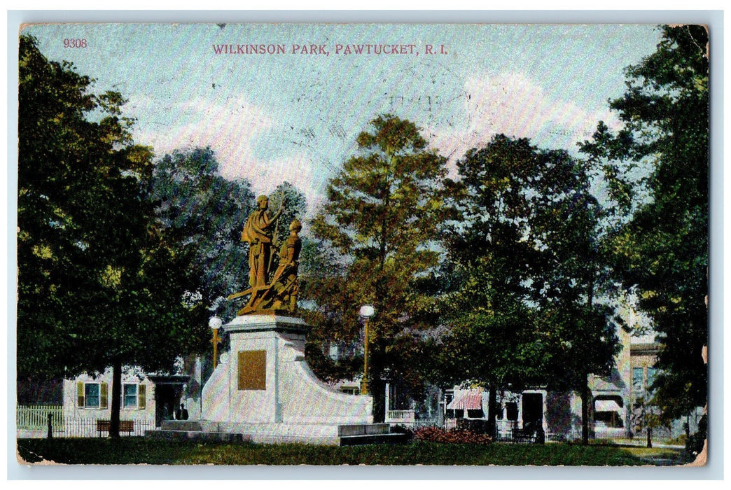 1908 Wilkinson Park Monument Statue Trees Pawtucket Rhode Island RI Postcard