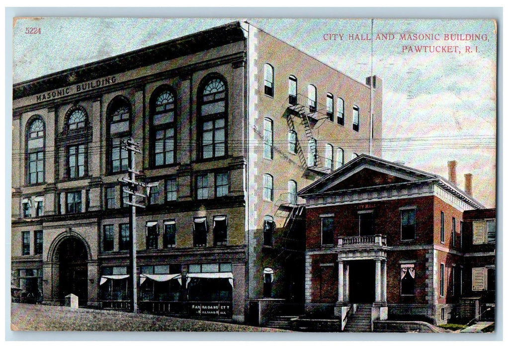 1908 City Hall And Masonic Building Exterior Pawtucket Rhode Island RI Postcard