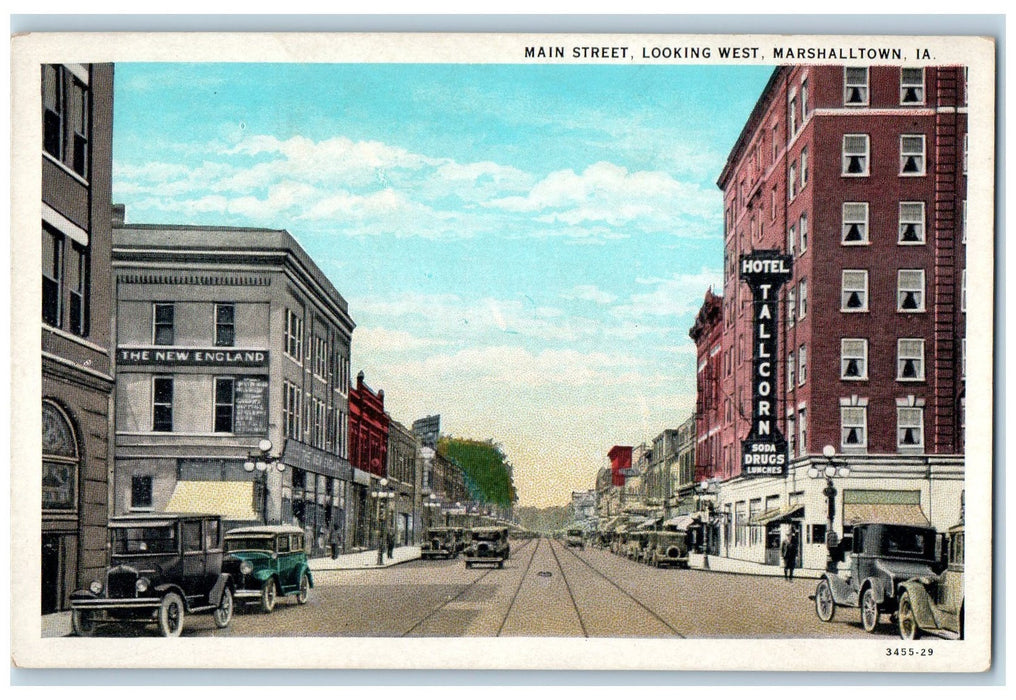 c1920 Main Street Establishments Classic Car Railway Marshalltown IA Postcard