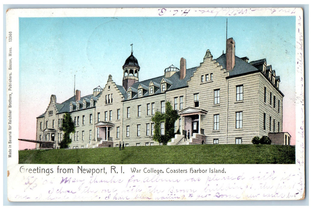 1906 Greetings From Newport War College Coaster Harbor Building View RI Postcard