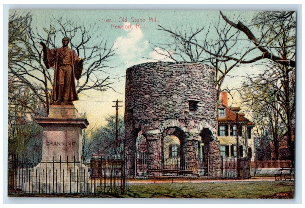 c1950 Old Stone Mill Channing Statue Monument Newport Rhode Island RI Postcard