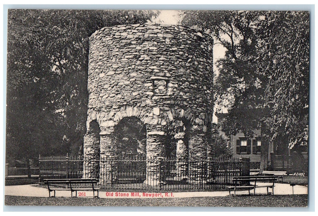 c1905 Old Stone Mill Fence Benches Park Trees Newport Rhode Island RI Postcard