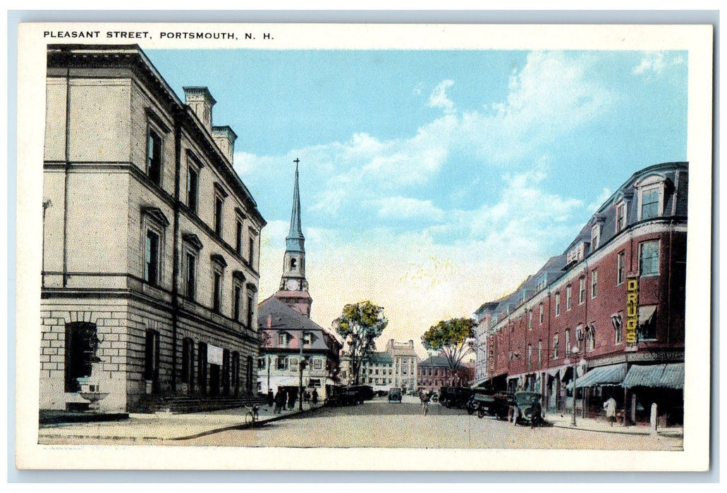 c1920's Pleasant Street Classic Cars Establishments Tower Portsmouth NH Postcard