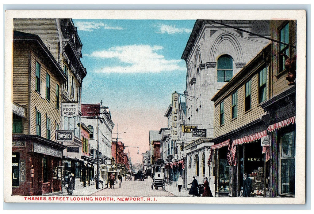 c1920's Thames Street Looking North View Newport RI Old Business Street Postcard