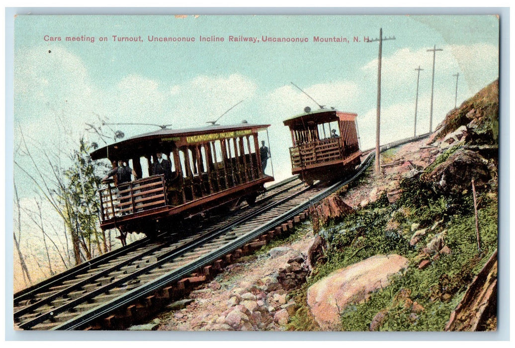 c1950's Cars Meeting On Turnout Uncanoonuc Incline Railway Trolley NH Postcard