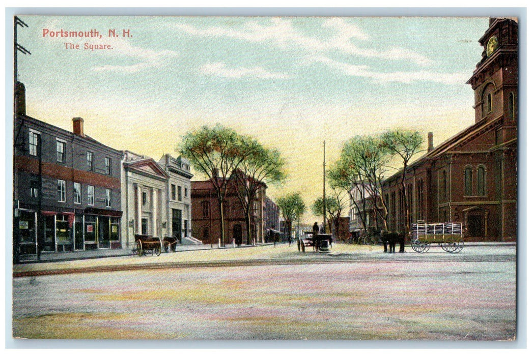 c1910 The Square Horse Carriage Wagon Railway Tower Clock Portsmouth NH Postcard