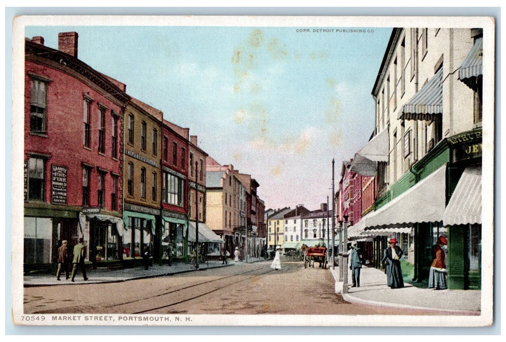 c1920 Market Street Railway Wagon Establishments People Portsmouth NH Postcard