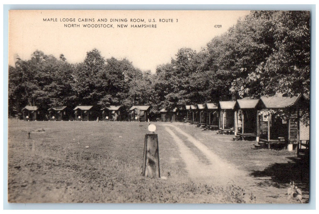 c1940's Maple Lodge Cabins And Dining Room US Route North Woodstock NH Postcard
