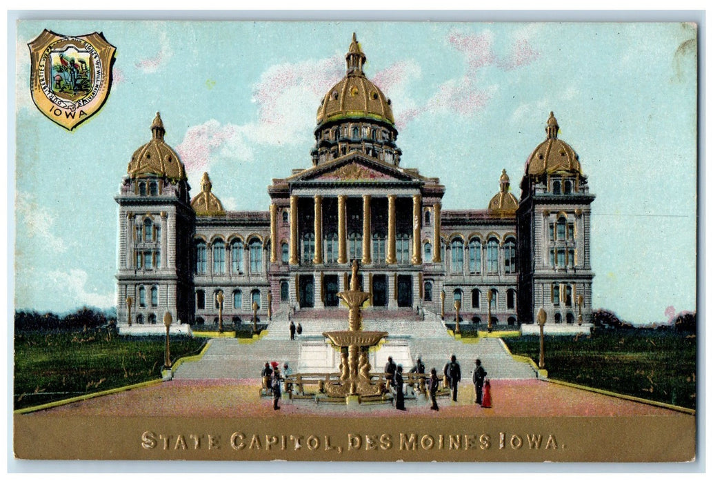 c1950 State Capitol Building Facade Stairs Dees Moines Iowa IA Embossed Postcard