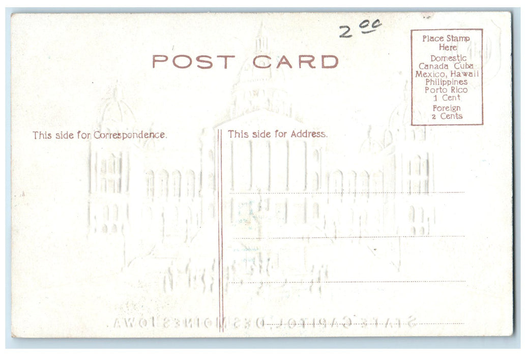 c1950 State Capitol Building Facade Stairs Dees Moines Iowa IA Embossed Postcard