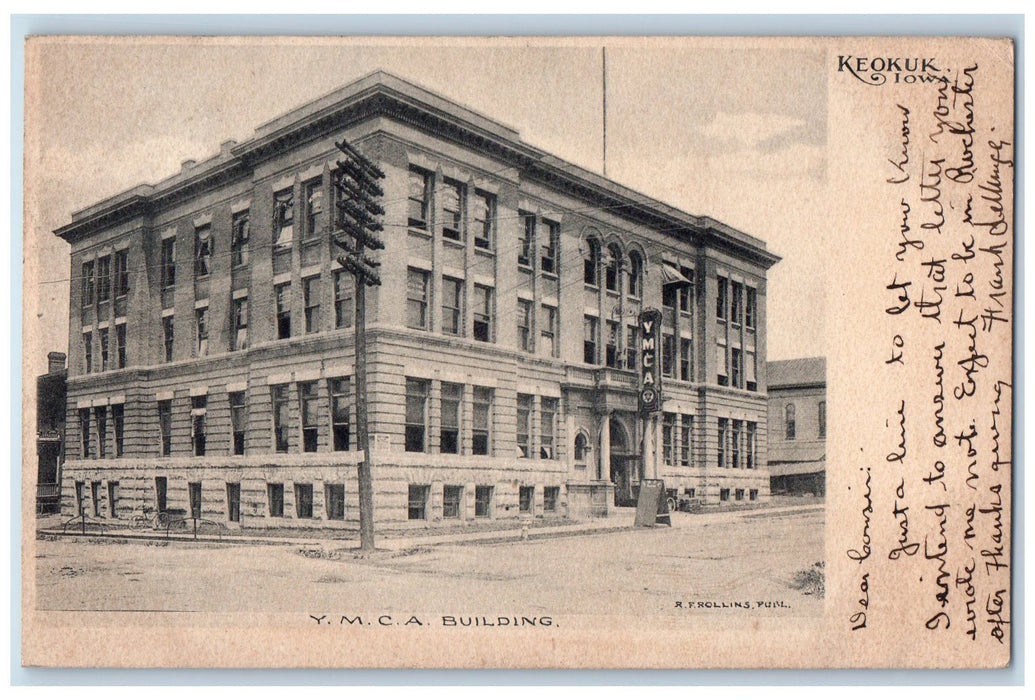 1907 YMCA Building Entrance Dirt Road Corner Street View Keokuk Iowa IA Postcard