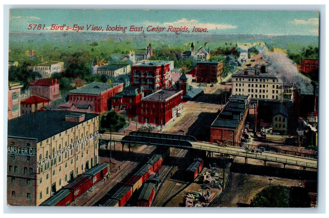 c1950's Birds Eye View Looking East Train Railway Cedar Rapids Iowa IA Postcard