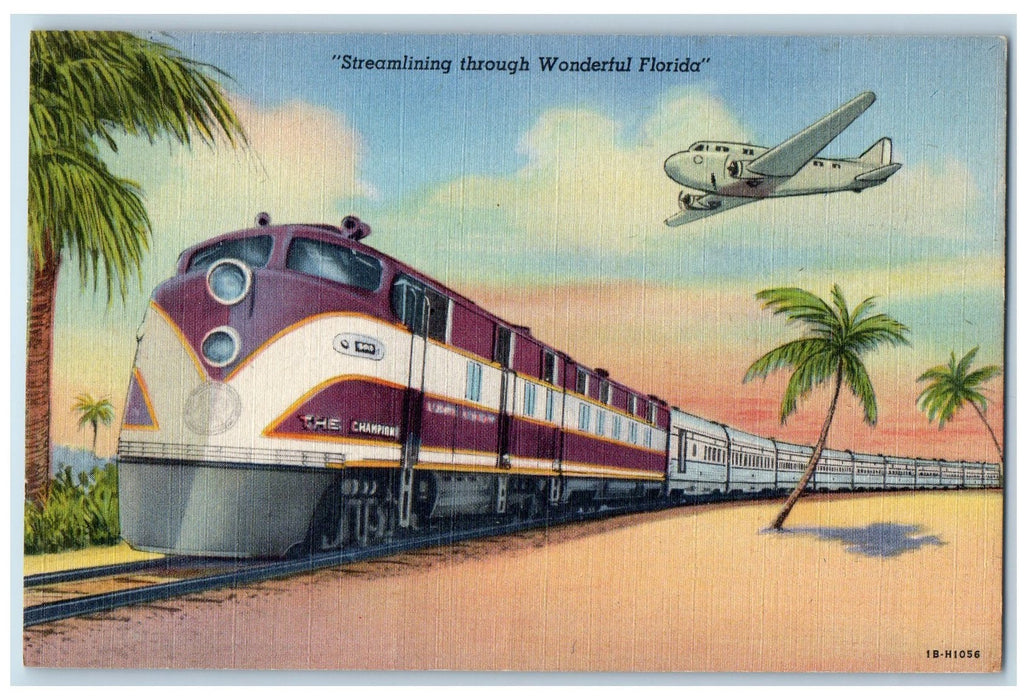 c1940's Streamlining Through Wonderful Florida Plane Passenger Train Postcard
