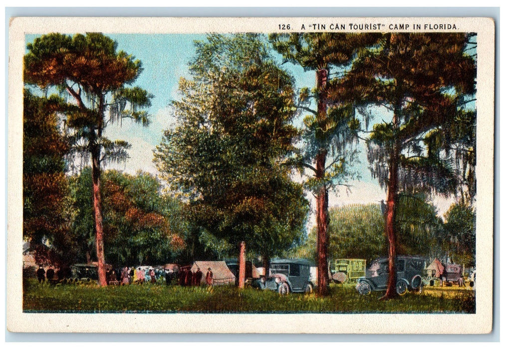 c1920's A Tin Can Tourist Camp In Florida classic Cars Tents Forest FL Postcard