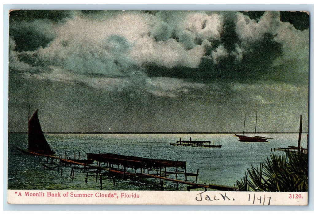 c1905 Moonlit Bank Of Summer Clouds Boat Sailboat Reflection Florida FL Postcard