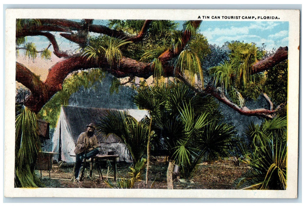 c1950 Tin Can Tourist Camp Tent Beard Man Tree Branch Forest Florida FL Postcard