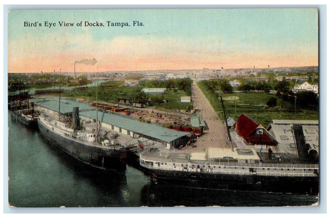 1914 Bird's Eye View Docks Passenger Ship Ferry Road Tampa Florida FL Postcard