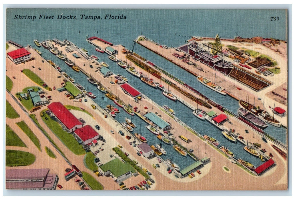 c1940 Shrimp Fleet Docks Aerial View Ships Ferry Boats Tampa Florida FL Postcard