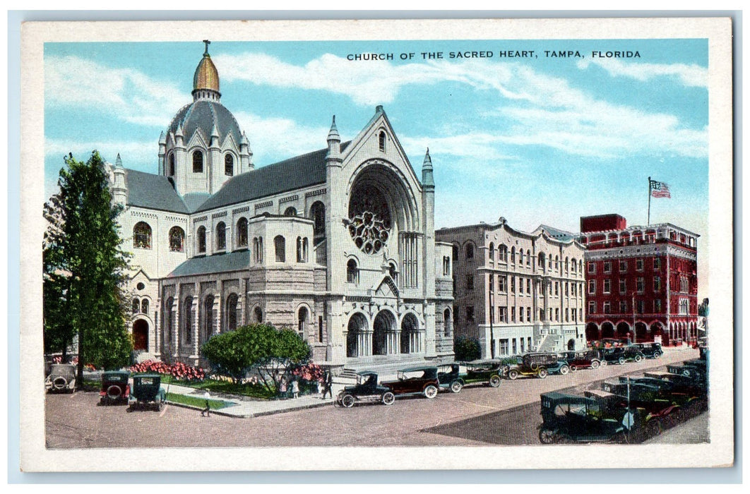 c1920 Church Of The Sacred Heart Building Classic Cars Tampa Florida FL Postcard
