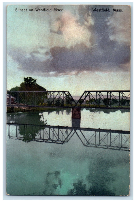 1909 Sunset On Westfield River Westfield Massachusetts MA Posted Bridge Postcard